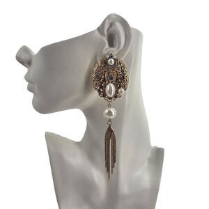 Vintage Elegant Gold and Pearl Fringe Drop Earrings